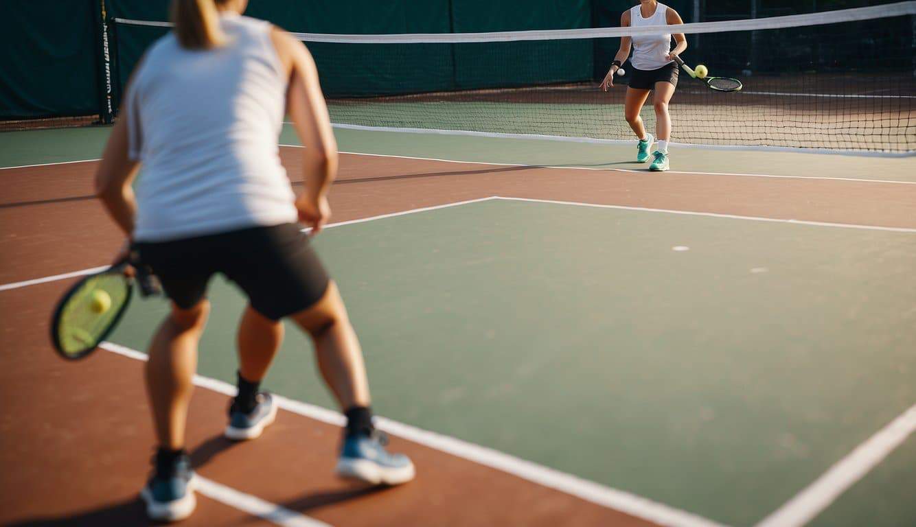 A pickleball court with two players on either side, a net in the middle, and a ball in play