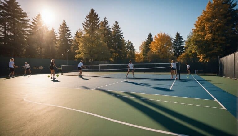 A group of players on a pickleball court, hitting the ball back and forth with paddles, while others watch from the sidelines