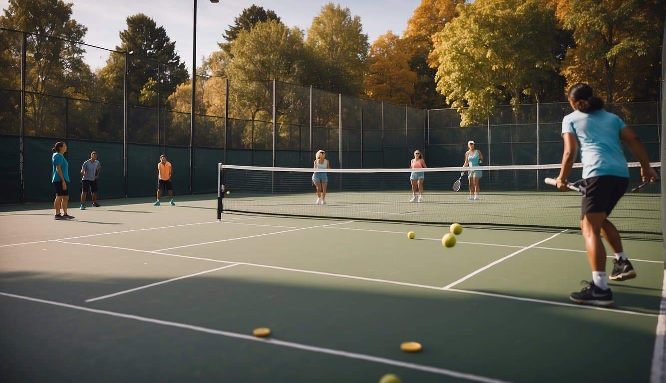 A pickleball court with two players on opposite sides, hitting the ball back and forth over the net, with spectators watching from the sidelines