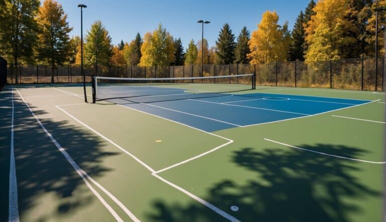 A sunny outdoor court with vibrant pickleball lines, surrounded by green trees and a clear blue sky