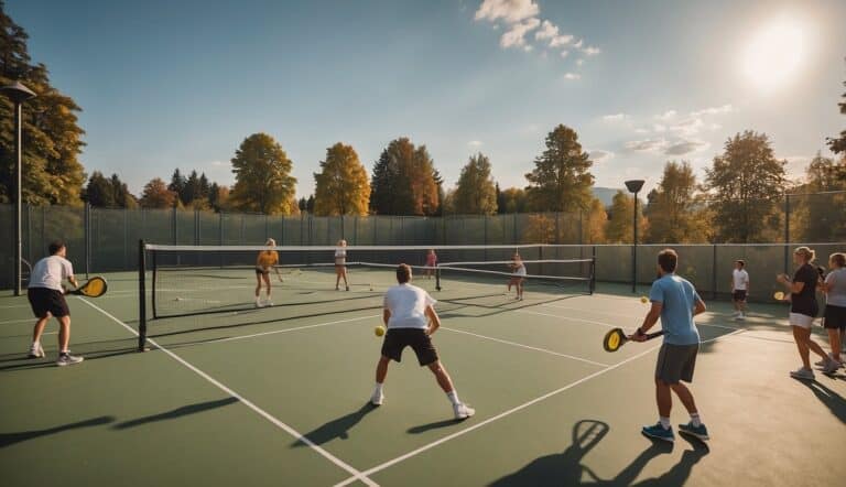 A pickleball court in Germany with players in action, surrounded by spectators and a scenic backdrop of the German countryside