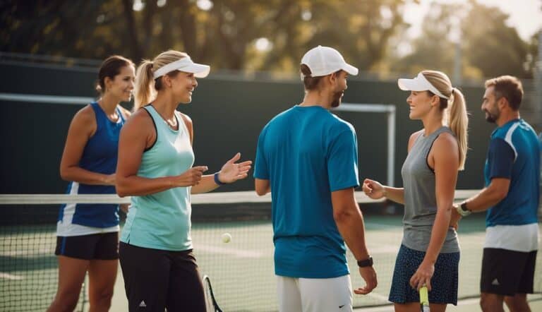 Players strategizing, huddled around a pickleball court, discussing game tactics and pointing to different areas of the court