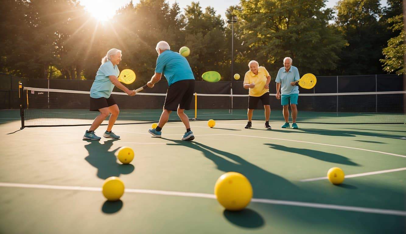 A group of seniors playing pickleball on a sunny outdoor court, with colorful paddles and a bright yellow ball bouncing back and forth