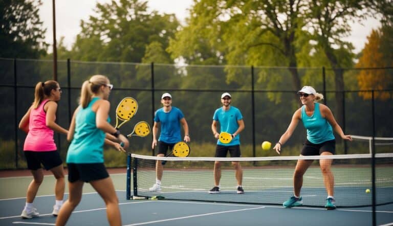 A group of young people playing pickleball in a vibrant, outdoor setting with colorful equipment and lively movement