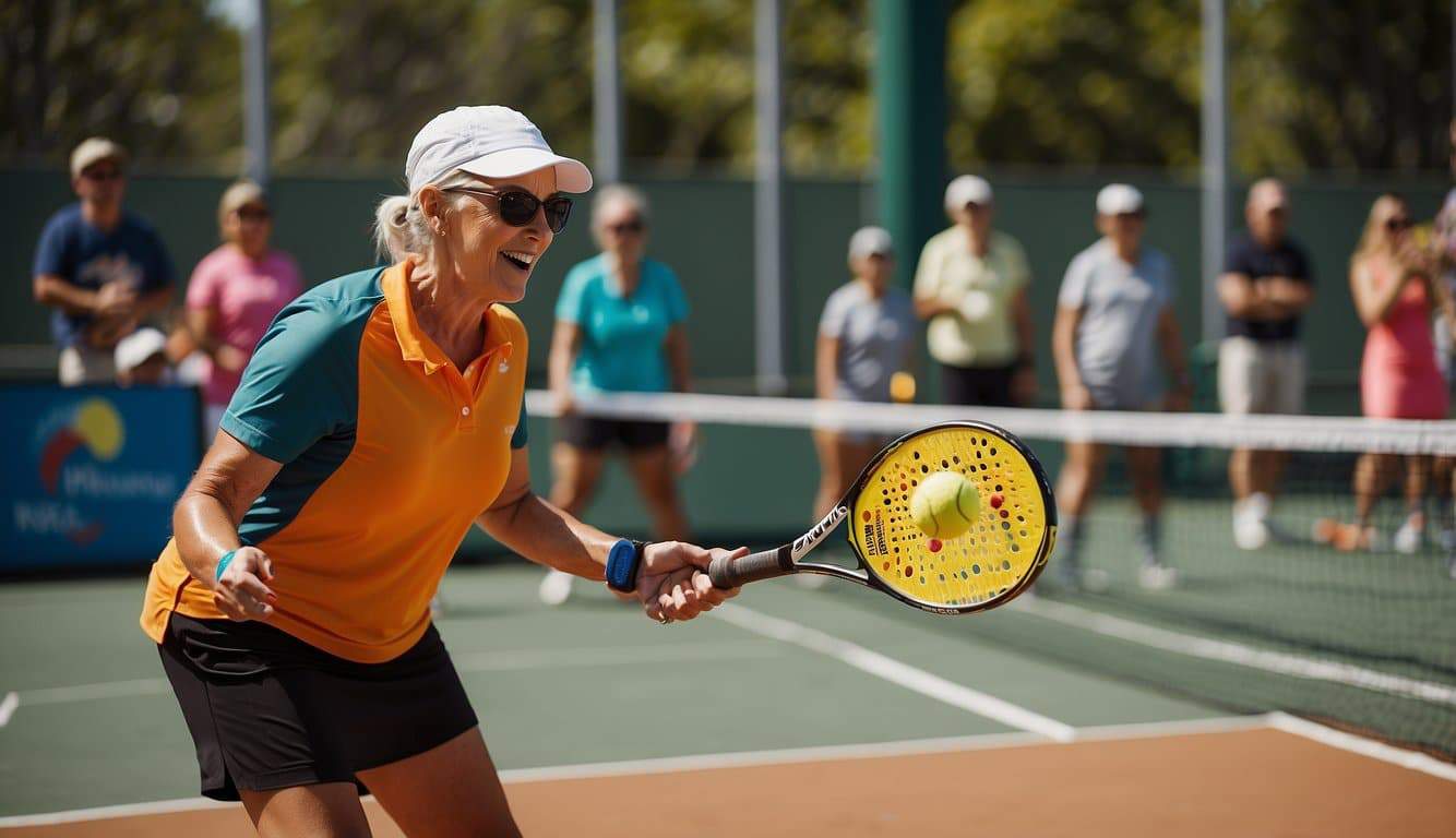 A pickleball tournament with players competing on vibrant courts, surrounded by cheering spectators and a lively atmosphere