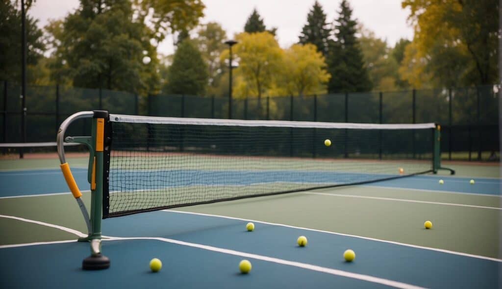 A pickleball court with net, boundary lines, and players following beginner rules