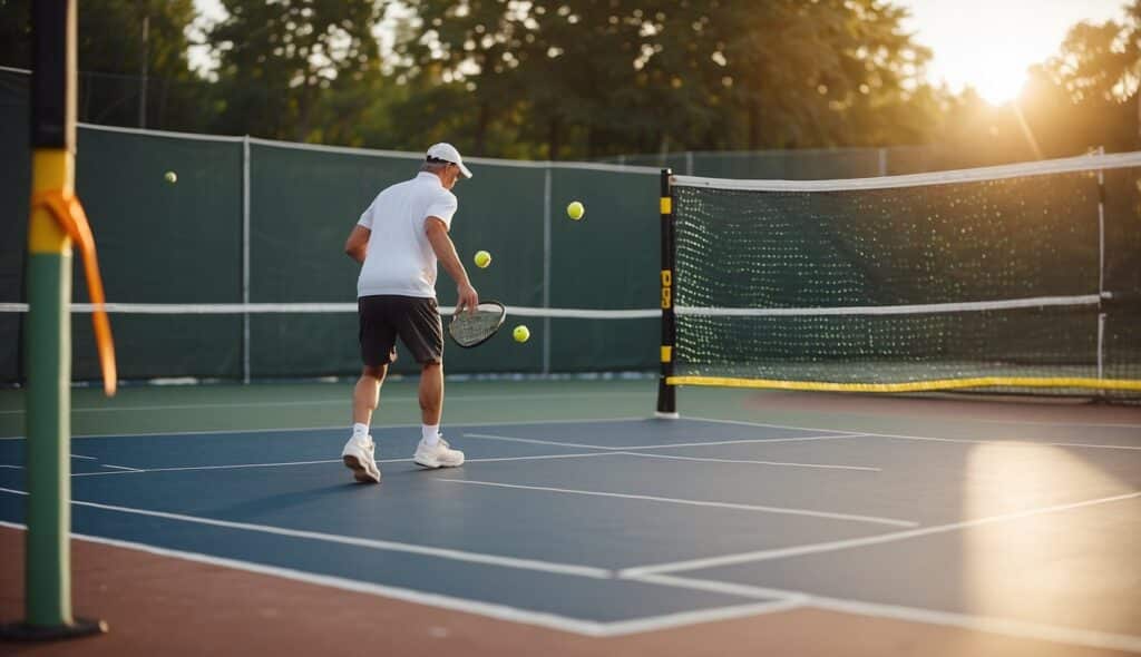 A beginner pickleball player follows the rules on a court with a net, paddle, and ball