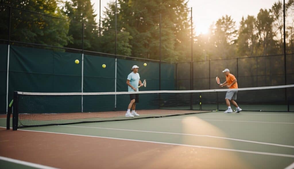 A pickleball court with two players on opposite sides, a net in the middle, and paddles and a ball in motion