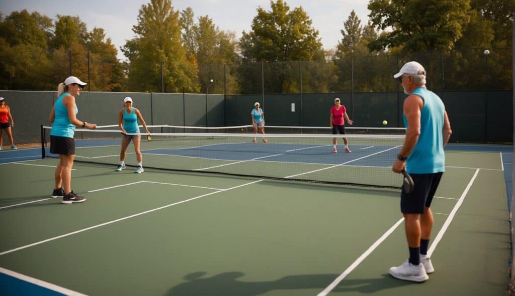 A pickleball court with players strategizing and using tactics. Tips and strategies are being shared among players