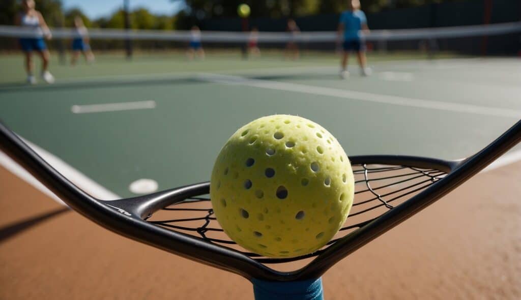 A pickleball court with clear boundary lines, a net in the center, and players on either side ready to serve