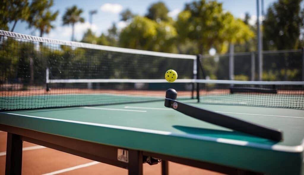 A table with various game equipment and accessories, surrounded by pickleball courts in a vibrant outdoor setting