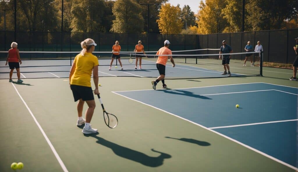 A vibrant outdoor pickleball court with colorful lines and nets, surrounded by a diverse range of players enjoying the game on a sunny day