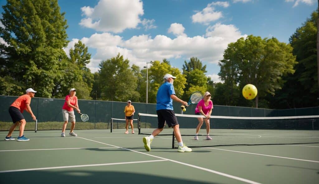 A group of people playing pickleball on well-maintained courts, with a backdrop of greenery and a sense of community