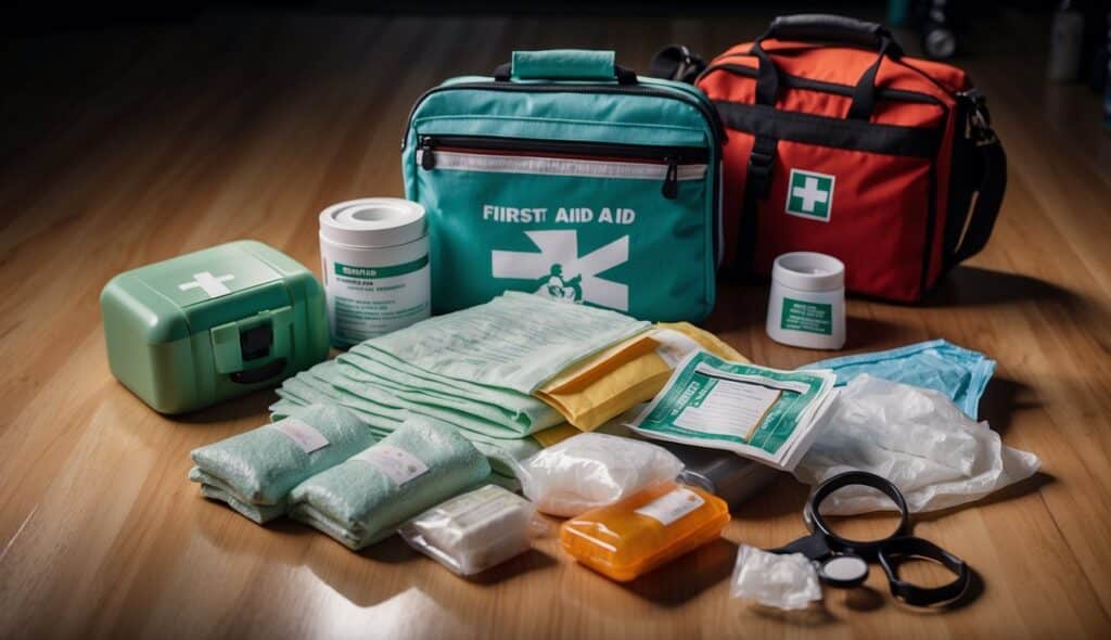 A first aid kit open on a court, with bandages and ice packs nearby. A player holding a safety brochure