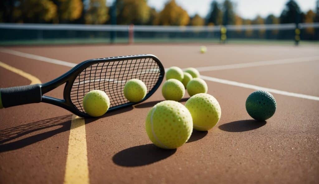 A pickleball court with net, paddles, and ball in a German setting