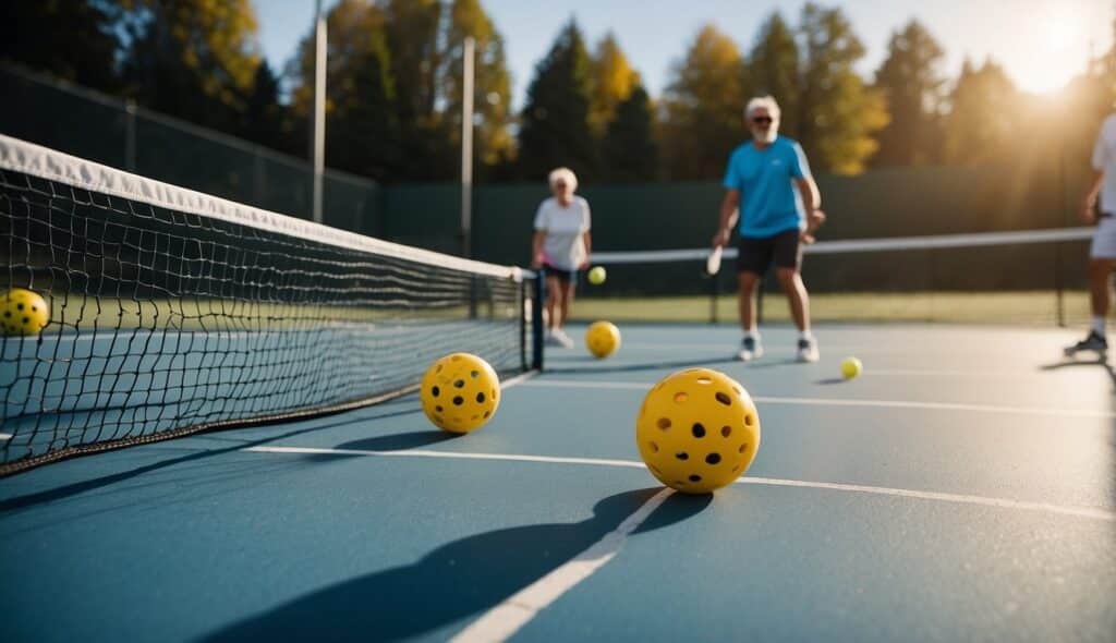 A group of people playing pickleball in a community center or sports club in Germany. The players are using paddles to hit a plastic ball over a net on a court