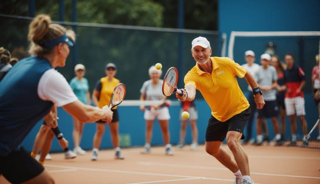 A bustling pickleball tournament in Germany with players competing and cheering in a vibrant atmosphere