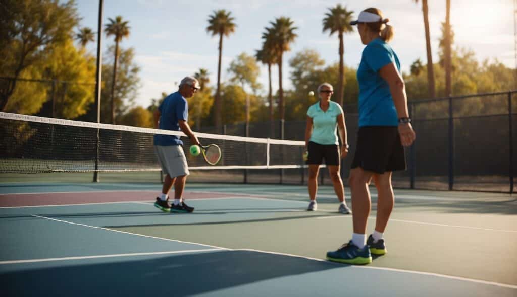 A pickleball court with players strategizing and executing basic pickleball techniques