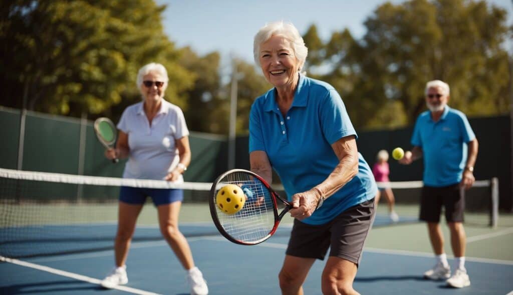 A group of seniors playing pickleball on a sunny outdoor court, enjoying the social and physical benefits of the sport