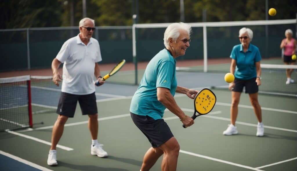 A group of seniors playing pickleball as a social activity, with rackets and a ball on a court