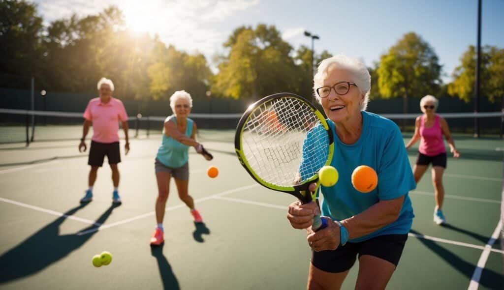 A group of seniors playing pickleball on a sunny outdoor court, with colorful paddles and a vibrant, competitive atmosphere