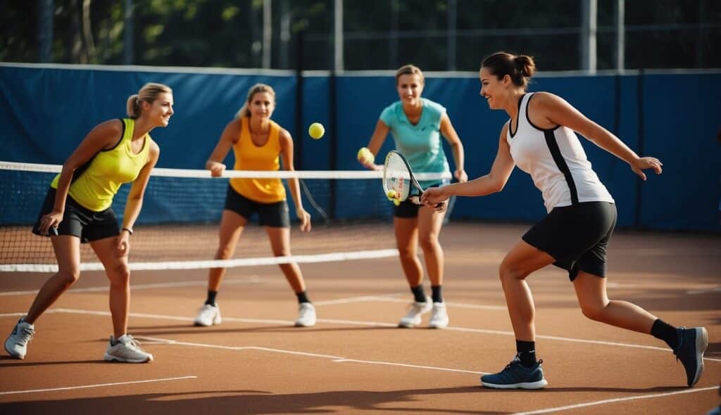 A group of young people playing pickleball in various formations and employing different strategies on the court