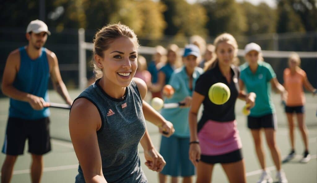 A group of young people playing pickleball in a focused and energetic manner