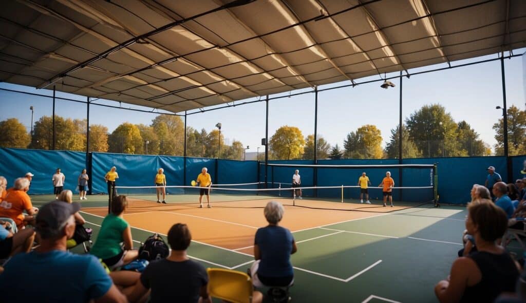 A pickleball tournament with players competing on courts, spectators watching, and banners displaying "Grundlagen des Pickleball" and league logos