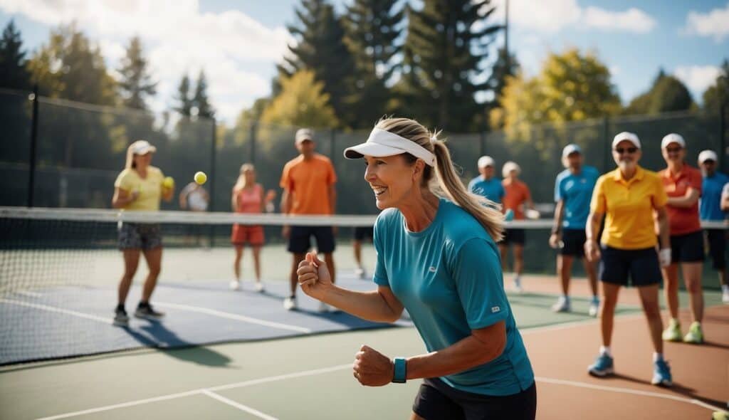 A lively pickleball tournament with players competing in organized leagues, surrounded by a supportive community cheering them on