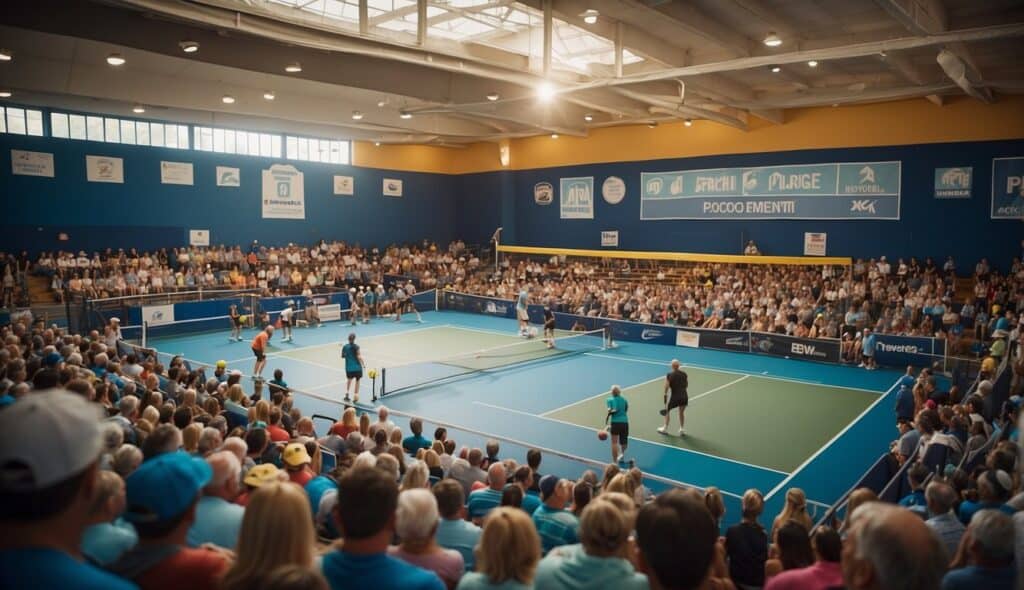 A pickleball tournament with players competing on courts, surrounded by spectators and banners displaying the tournament and league logos